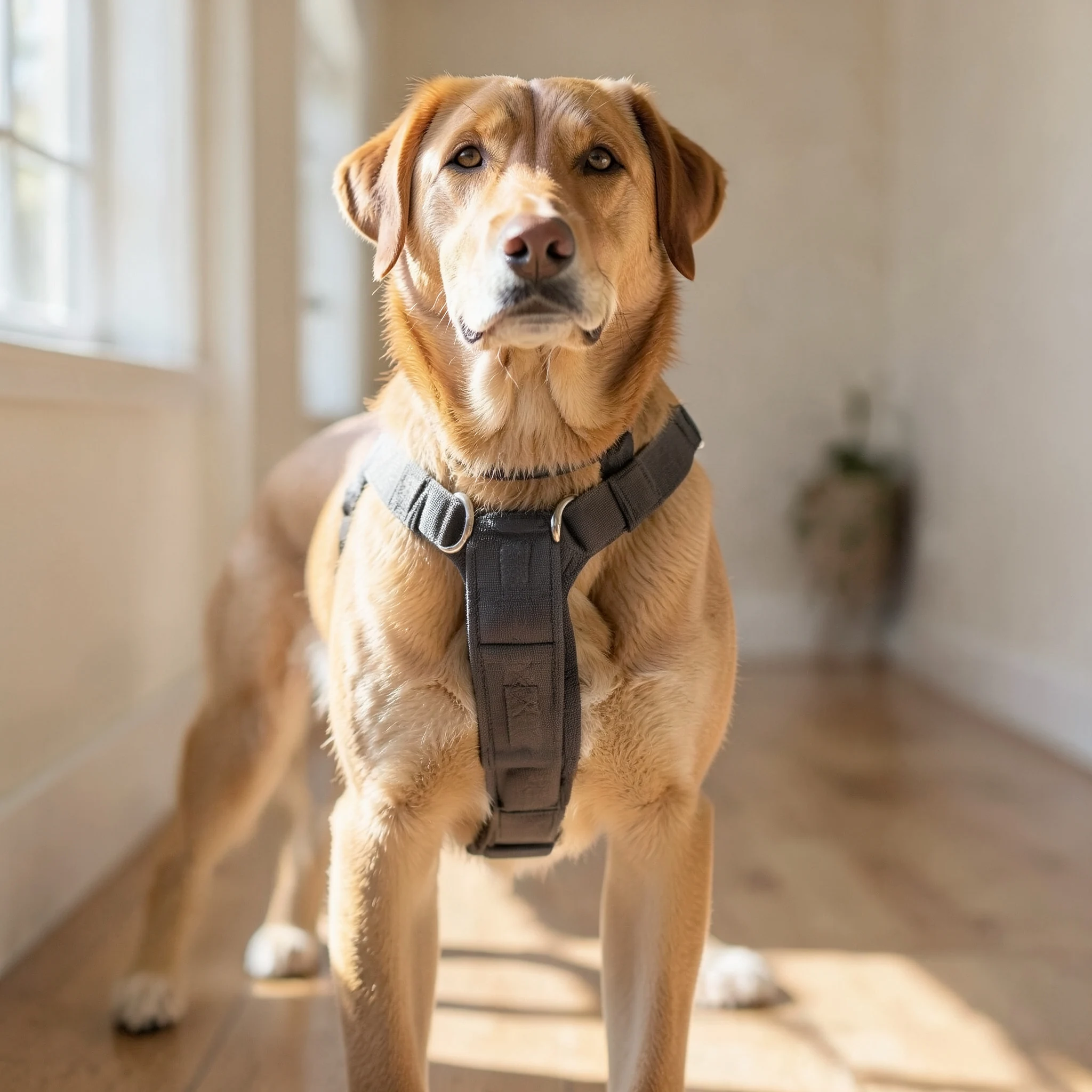 Dog wearing a walking harness